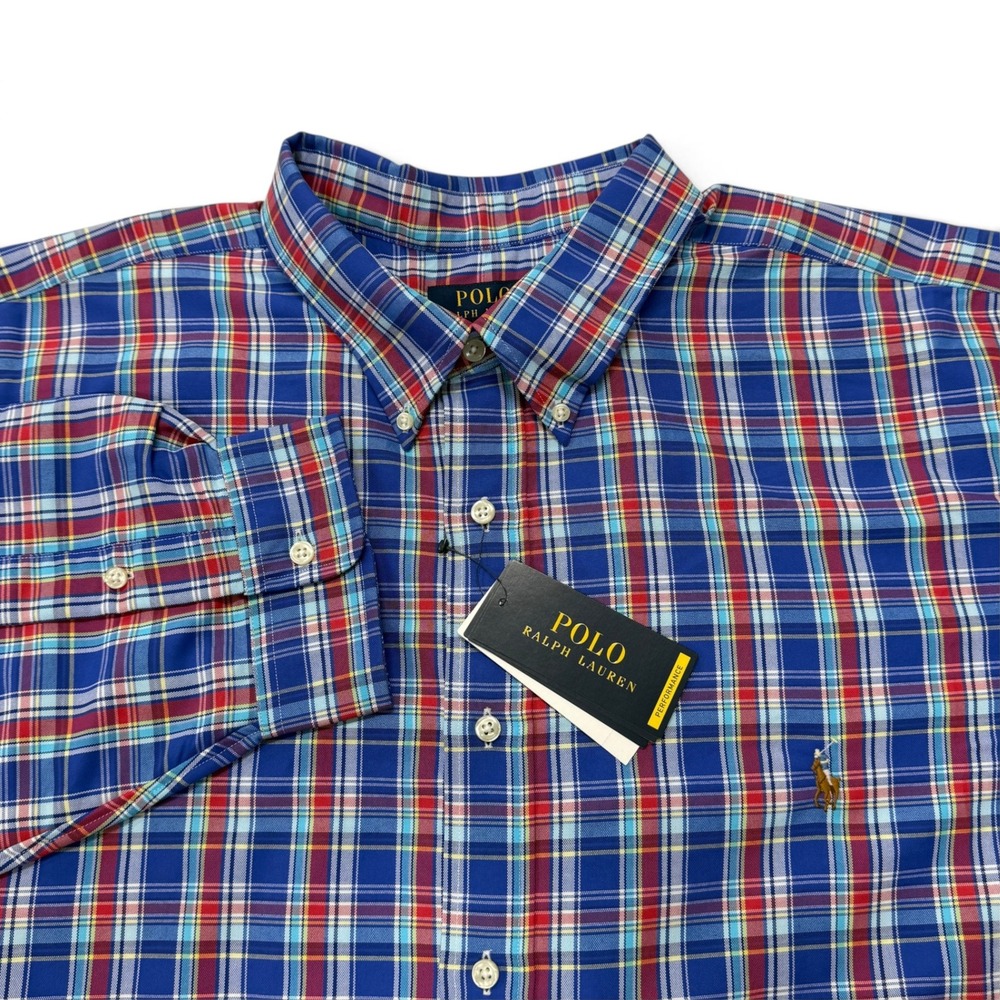 Polo Ralph Lauren Performance Plaid Button Down Shirt Mens 3XB Blue Red Coolmax